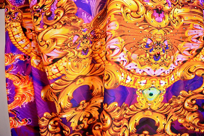Ornate Violet Pure Silk Kaftan, Short Embellished Caftan, Short Silk Kaftan - 1068B