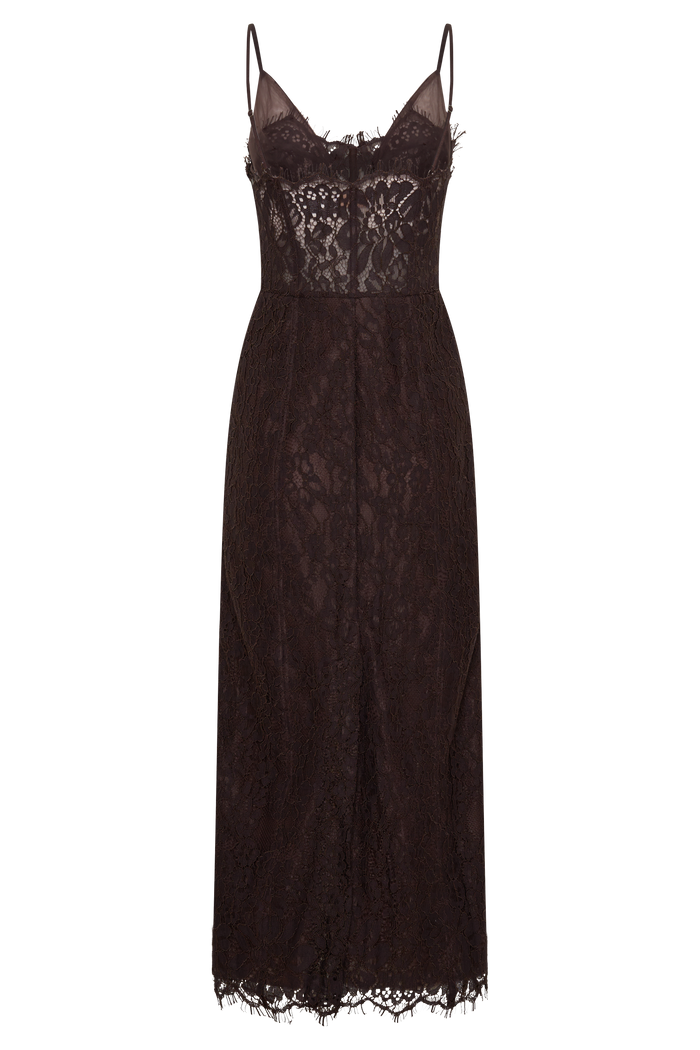 Ottilie Lace And Mesh Midi Dress - Dark Chocolate