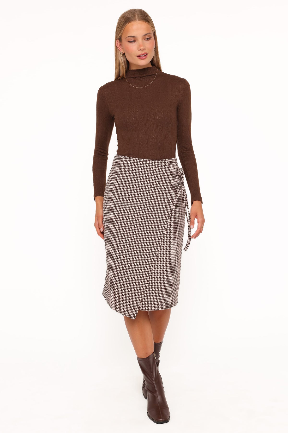 Ariela Wrap Front Midi Skirt - Brown Houndstooth