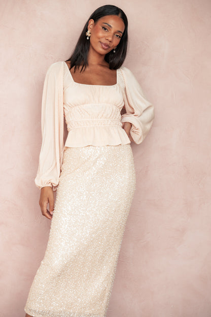 Briellia Sequin Midi Skirt - Champagne