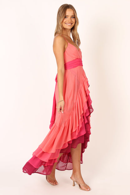 BomBon Tiered Maxi Dress - Coral Hot Pink