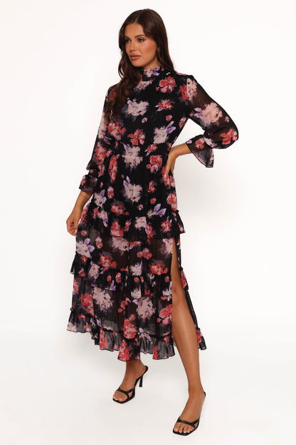 Isadora Long Sleeve Maxi Dress - Black Blurred Floral