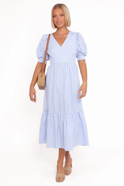 Steele Puff Sleeve Midi Dress - Blue Stripe