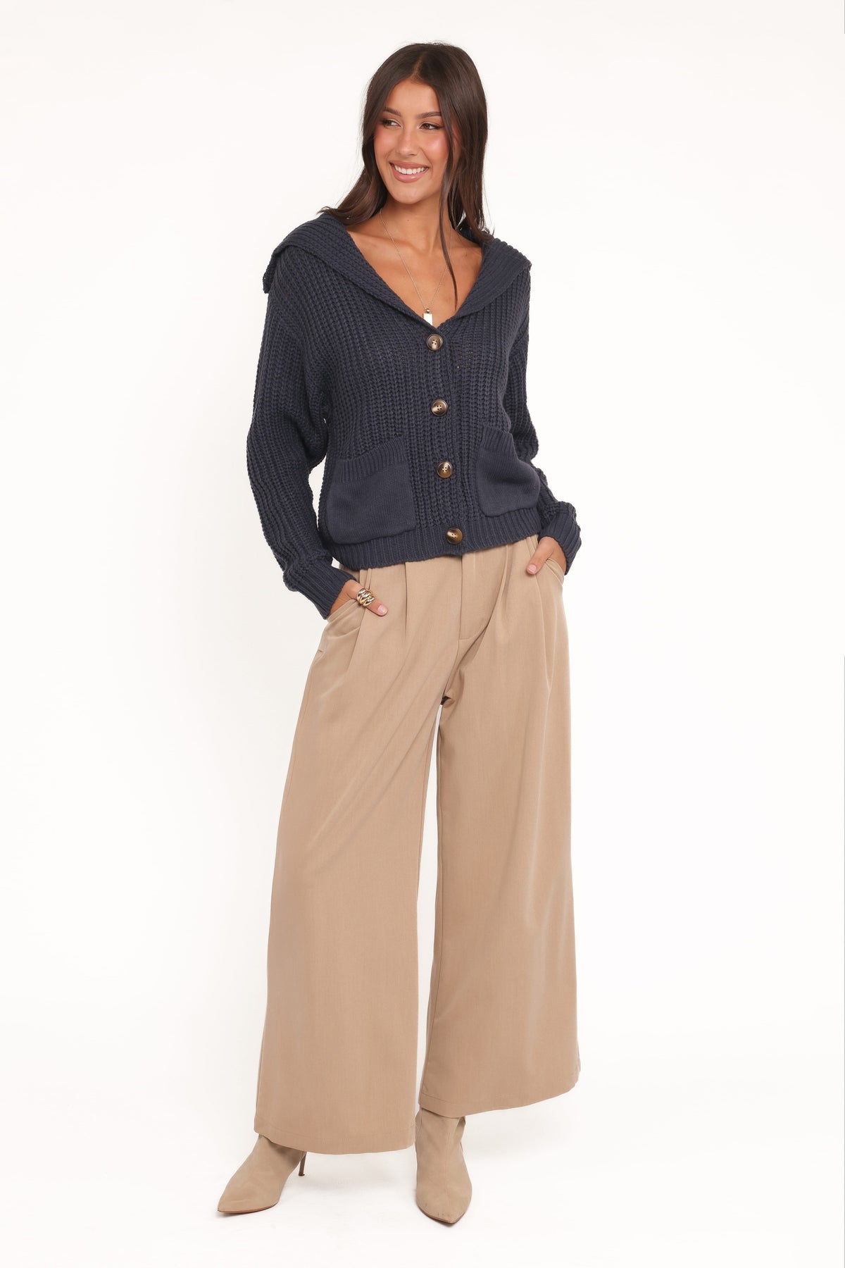 Amelia Oversize Collar Button Cardigan - Navy