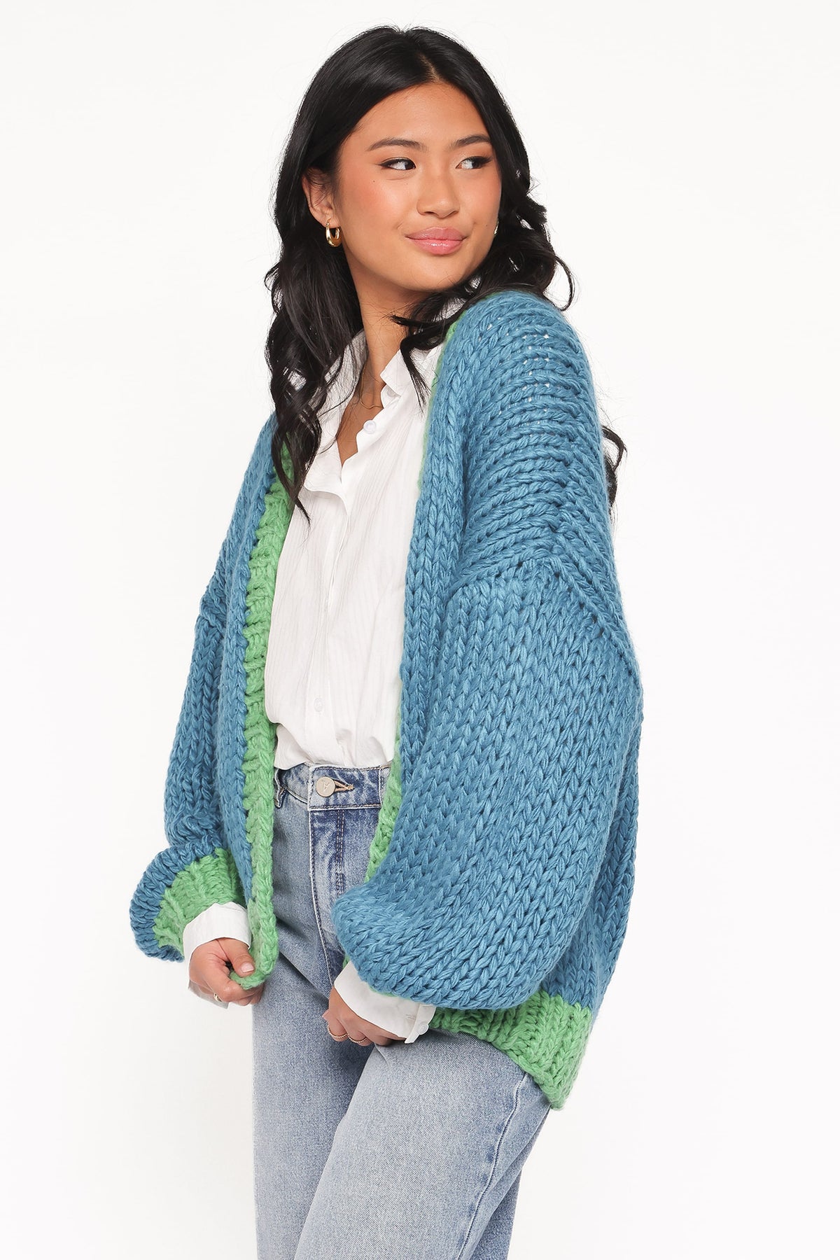 Anige Contrast Trim Cardigan - Blue/Green