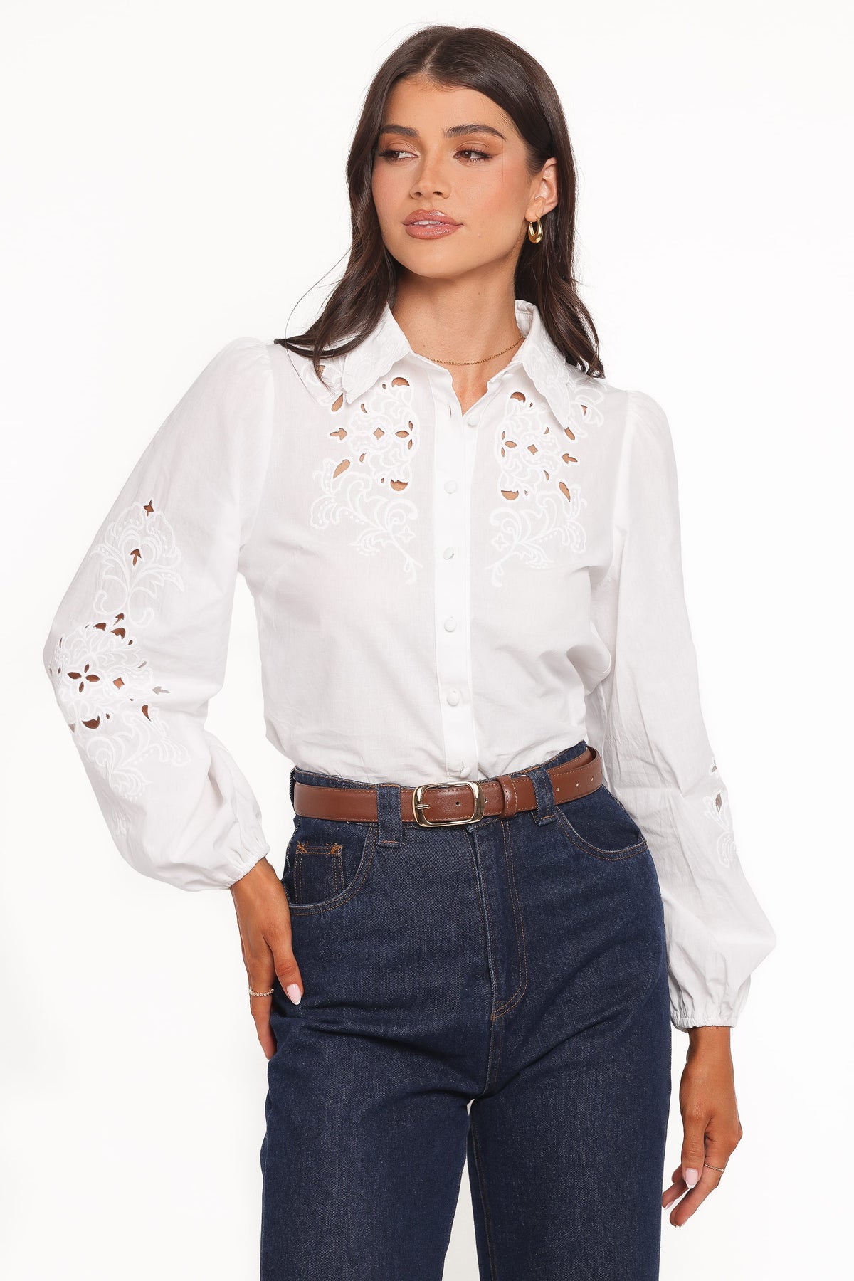Aeloria Button Front Shirt - White Embroidery