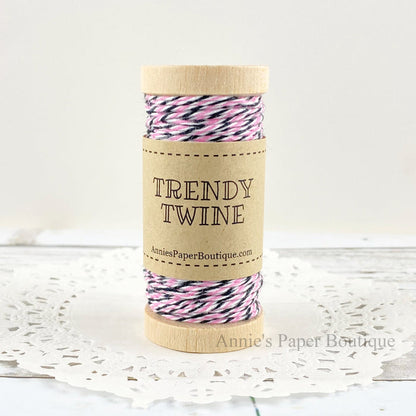 Pink Midnight Petite Trendy Twine - pink, white, and black twine on wooden spool.