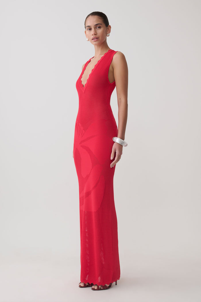 Pippa Floral Knit Maxi Dress - Pomegranate