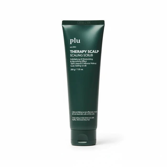 Green tube of Plu Therapy Scalp Scaling Scrub on a beige background
