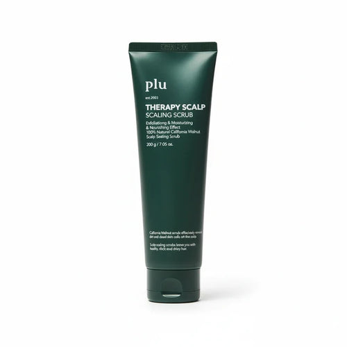 Green tube of Plu Therapy Scalp Scaling Scrub on a beige background