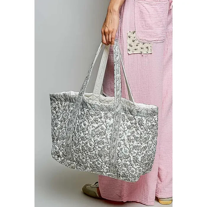 Quilted Floral Ivory/Grey Tote Bag