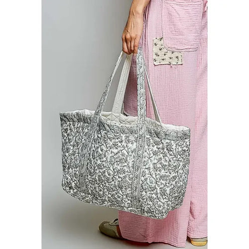 Quilted Floral Ivory/Grey Tote Bag