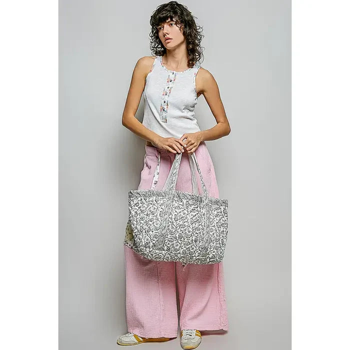 Quilted Floral Ivory/Grey Tote Bag