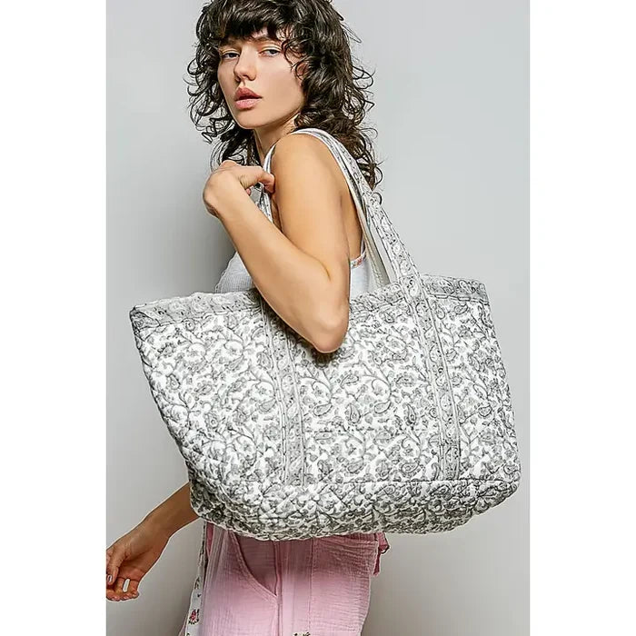 Quilted Floral Ivory/Grey Tote Bag