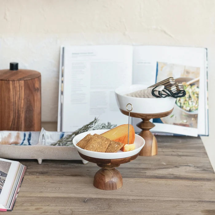 Stoneware & Acacia Serving Dishes - 2 Sizes