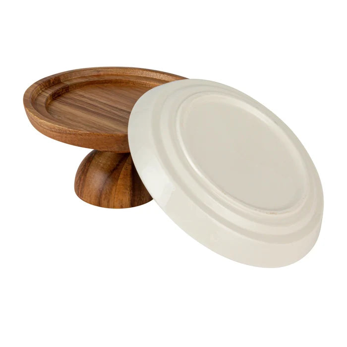 Stoneware & Acacia Serving Dishes - 2 Sizes