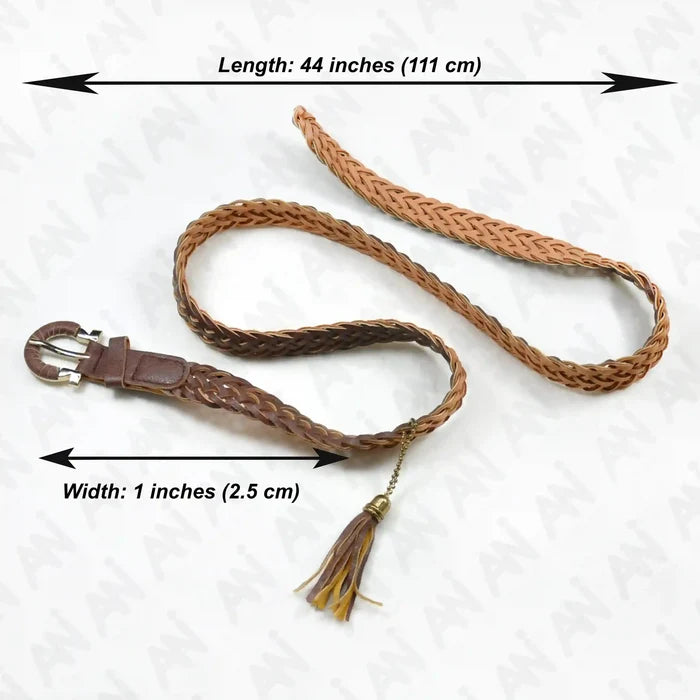 Ani Accessories full image of Brown suede belt with braided belt strap size, shown on a white background with measurements.