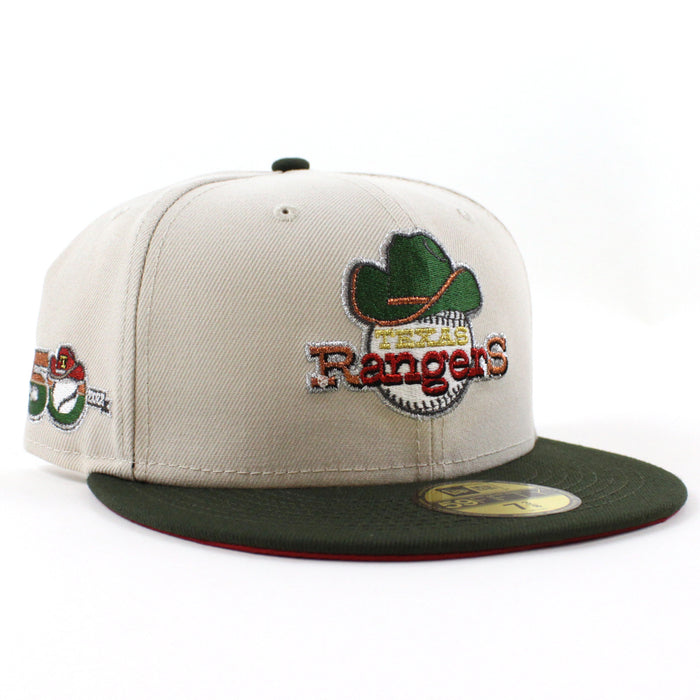 Texas Rangers 50th Anniversary New Era 59Fifty Fitted Hat (GITD Stone SeaWeed Pinot Under Brim)