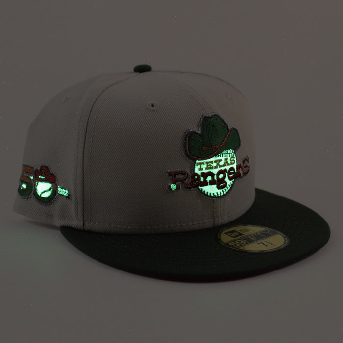 Texas Rangers 50th Anniversary New Era 59Fifty Fitted Hat (GITD Stone SeaWeed Pinot Under Brim)