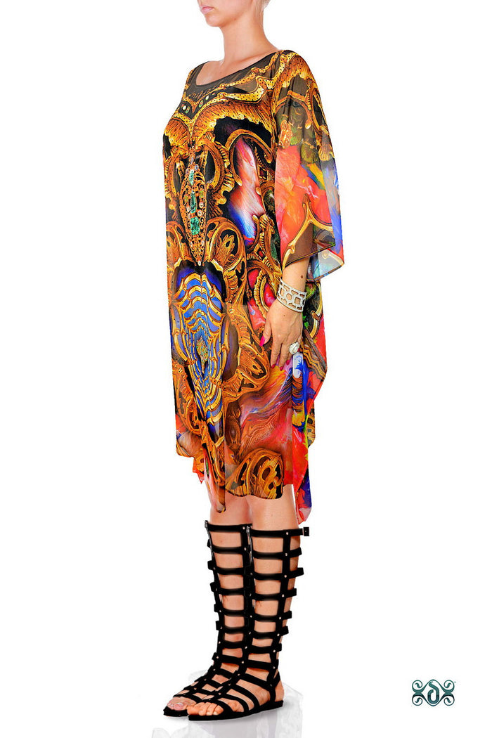 Vibrant Cobweb Pure Silk Kaftan, Short Embellished Caftan, Premium Silk Kaftan - 1117C