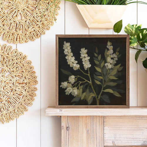 White Floral Prints On Black Wood Art