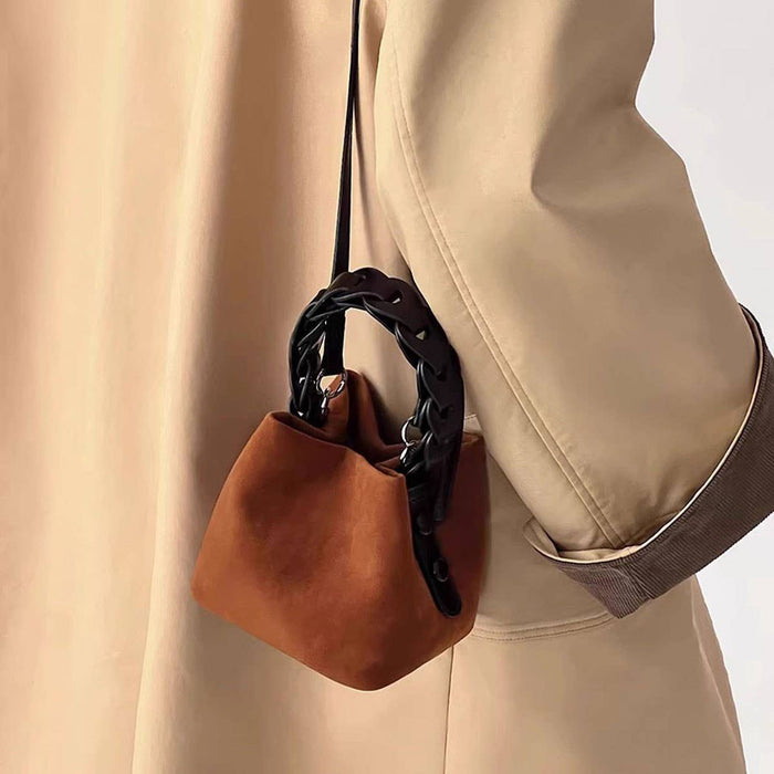 Woven Handle Faux Deerskin Bag