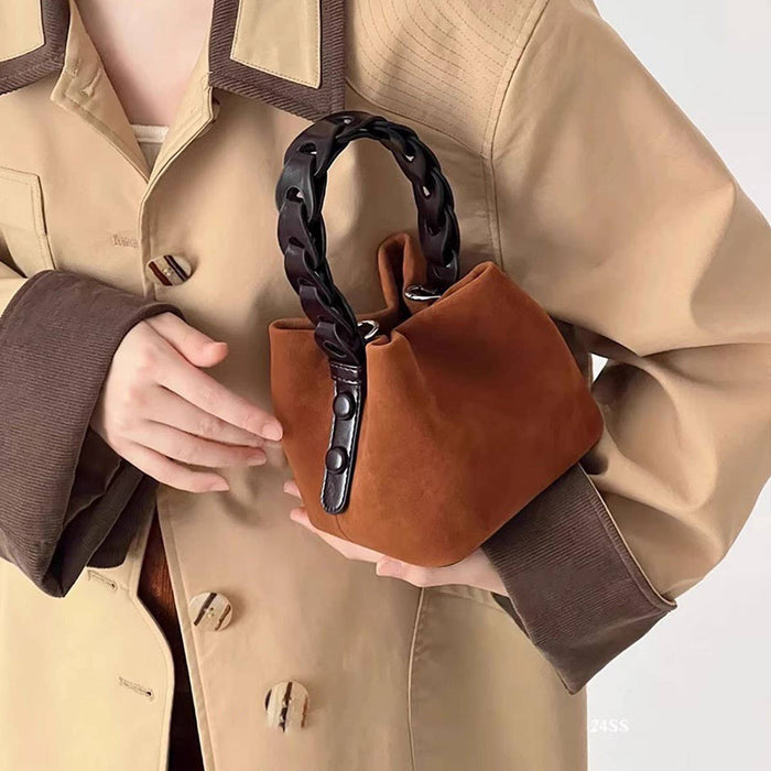 Woven Handle Faux Deerskin Bag
