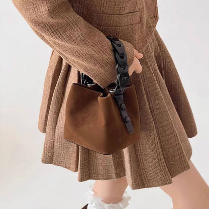 Woven Handle Faux Deerskin Bag