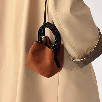 Woven Handle Faux Deerskin Bag